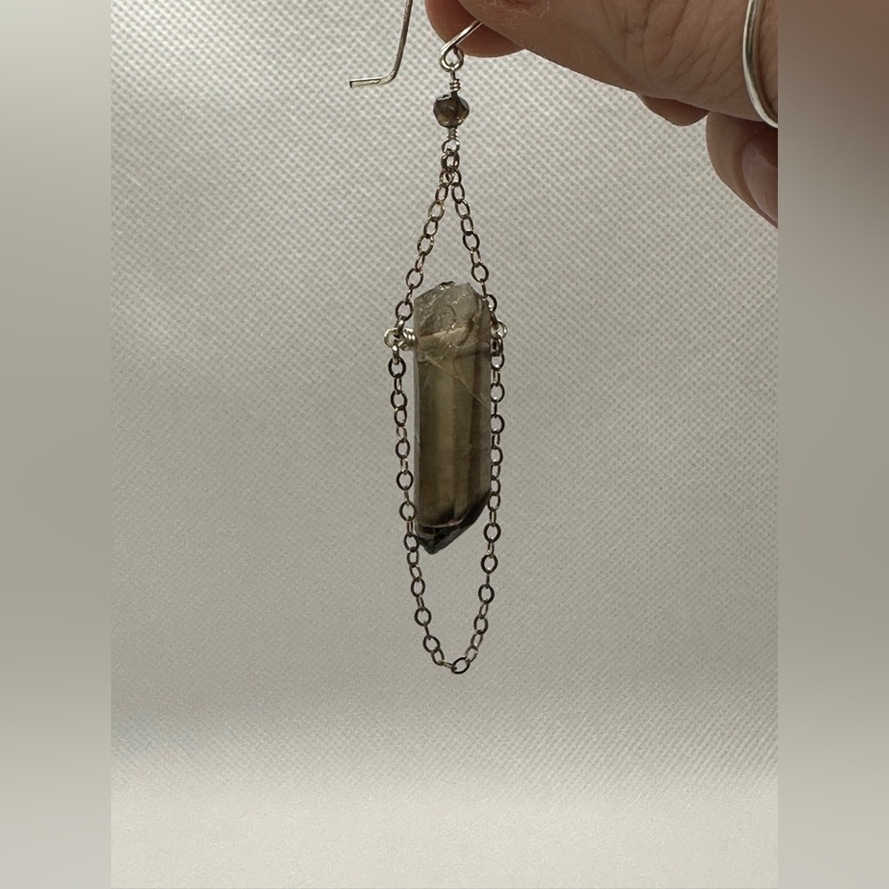 Raw Smoky Quartz Dark Crystal Healing Stone Dangle Chain Delicate Drop Earrings - Picture 3 of 6